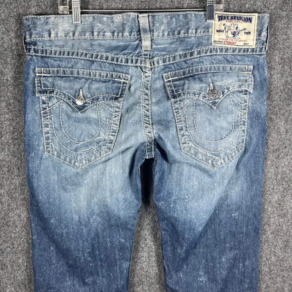 True Religion Straight Leg Jeans Mens 40 Blue Contrast Stitch‎ Medium Wash Denim